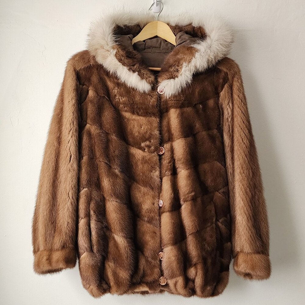 Western Furs Canadian Genuine Mink Fur Coat Stroller Fox Trim Hood VTG Mob Wife